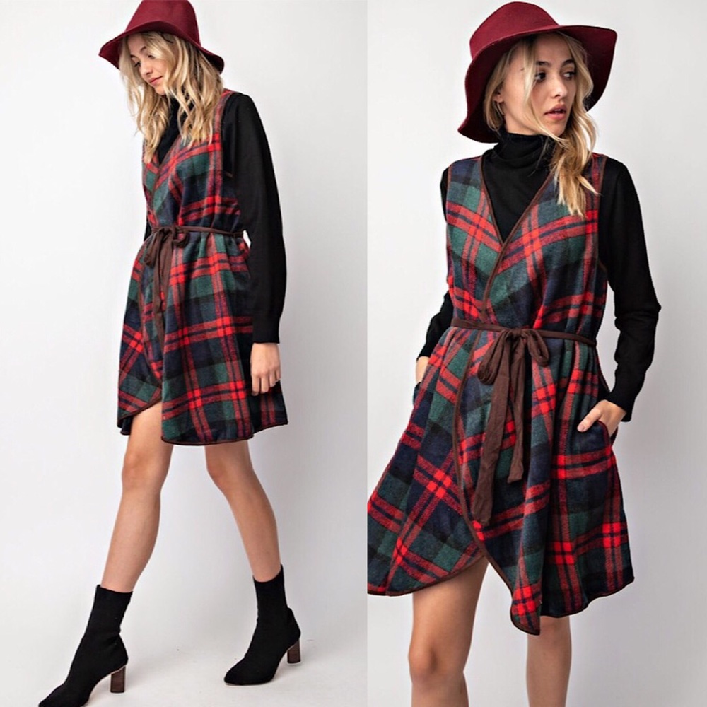 ✨Last One✨Tartan Plaid Print Belted Open Vest